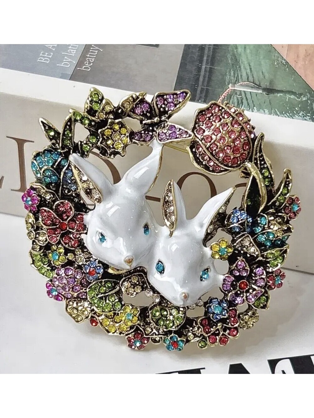 Easter Bunny Rhinestone Brooch Pin Colorful Floral Spring Butterfly White Rabbit